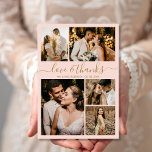 Liefde en Bedankt Manuscript Blush Photo Collage W<br><div class="desc">Elegant Script Gold en Blush Pink Wedding Photo Collage Hartelijk dank. Moderne, minimale bruiloft bedankt je sjabloon met vijf (5) foto op de voorkant en één (1) foto op de achterkant. Met de tekst "Liefde en bedankt" in een mooie handlettertypefunctionaliteit in goud op een lichtdoorschijnende roze achtergrond. Pas jouw naam,...</div>