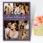 Liefde en Bedankt Manuscript Paars 5 Fotobruiloft<br><div class="desc">Elegant, minimalistisch Script Dusty Paars 5 Photo Collage Wedding Hartelijk dank. Moderne bruiloft bedankt je sjabloon met vijf (5) foto op de voorkant en één (1) foto op de achterkant. Met de tekst "Liefde en bedankt" in een handgeschreven lettertype van typografie met letters in wit op een stoffige of stoffige...</div>