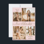 Liefde en Bedankt Manuscript Roze Gold Collage Wed<br><div class="desc">Elegant, modern, minimalistisch, lichtroze en gouden hand geschreven foto collage gepersonaliseerde bruiloft bedankt je kaart. Stijlvolle bruiloft bedankt je sjabloon met vier (4) foto op de voorkant en één (1) foto op de achterkant. Met de tekst "Liefde en bedankt" in een cursief handgeschreven lettertypeswap-staart lettertypemanuscript in gouden kleur op de...</div>