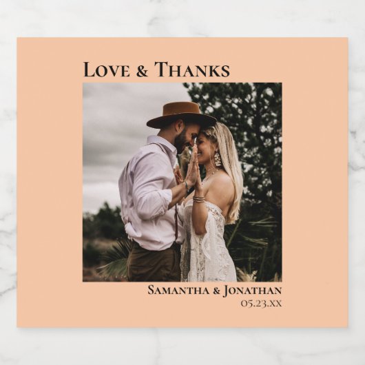 Liefde en Bedankt Minimale koraalperfotobruiloft Sparkling Wijnetiket (Enkel label)