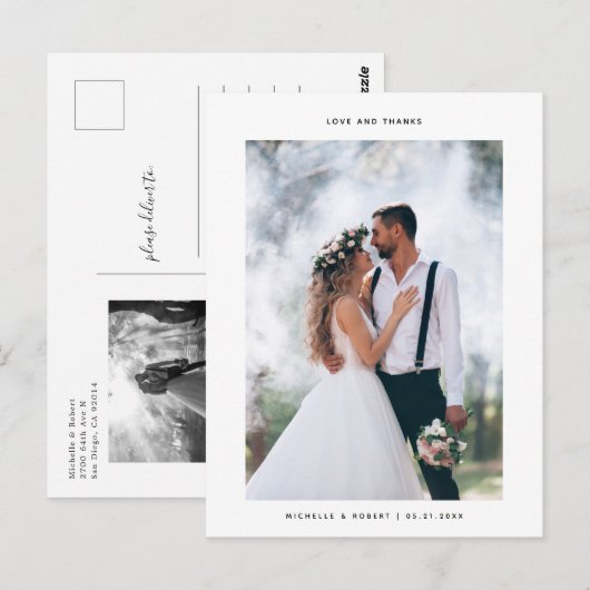 Liefde en Bedankt minimalistische bruiloft foto Briefkaart (Voorkant / Achterkant)