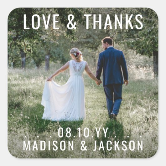 Liefde en Bedankt Modern Foto Weddenschap Hartelij Vierkante Sticker (Voorkant)
