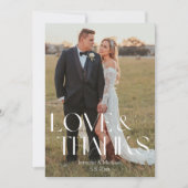 Liefde en bedankt Modern Script Wedding 2 foto's Notitiekaartje (Voorkant)