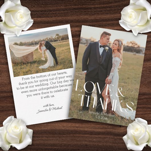 Liefde en bedankt Modern Script Wedding 2 foto's Notitiekaartje