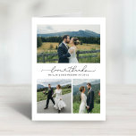 Liefde en Bedankt Modern Wedding Photo Collage<br><div class="desc">Gefluste verticale bruiloft bedankt dat je fotokaarten voorzien zijn van moderne en minimale zwarte tekst met een 'Love and Bedankt'-teken met een schattig hartaccent, een monogram van de bruid- en bruinkoppels, samen met een eenvoudige collage van 3 foto's aan de voorkant. De ruimte voor een extra foto en een douane...</div>