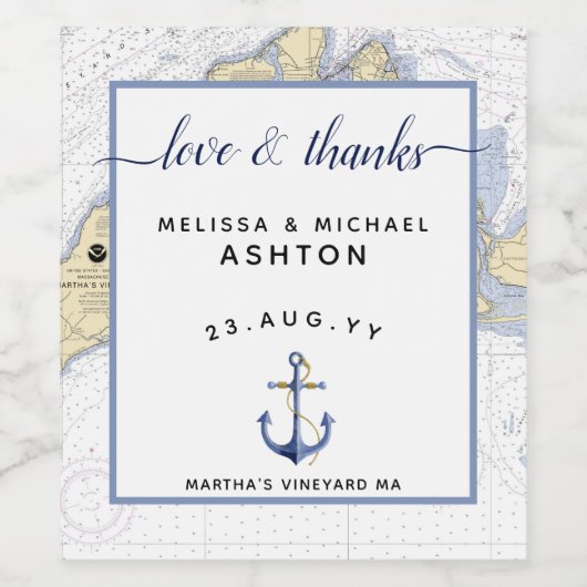 Liefde en Bedankt Nautische Grafiek Anker Bruiloft Wijn Etiket (Enkel label)