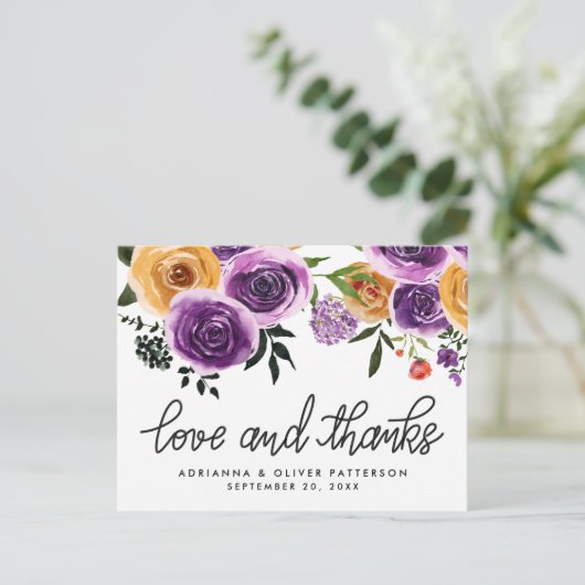 Liefde en Bedankt Paarse gele bloemen Briefkaart (Staand voorkant)