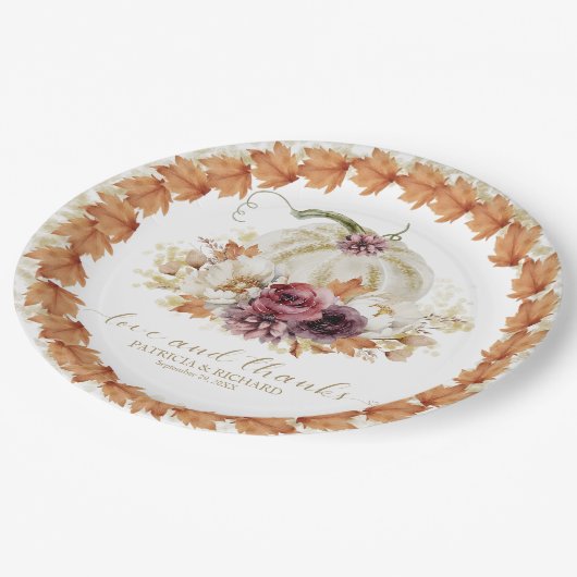 Liefde en Bedankt Pompoen Bloemen Huwelijk Papieren Bordje (Gekanteld)