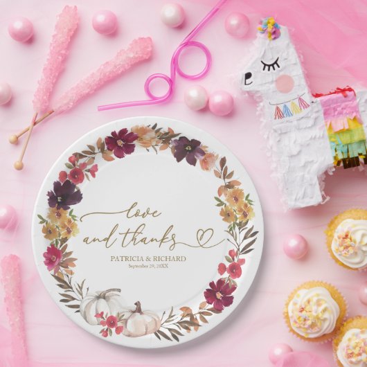 Liefde en Bedankt Pompoen Bourgondië Bloemen bruil Papieren Bordje (Feest)