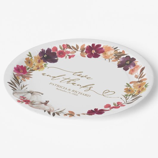 Liefde en Bedankt Pompoen Bourgondië Bloemen bruil Papieren Bordje (Gekanteld)