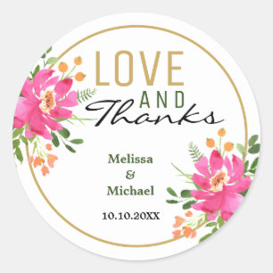 Liefde en Bedankt roze bloemenbruiloft Ronde Sticker