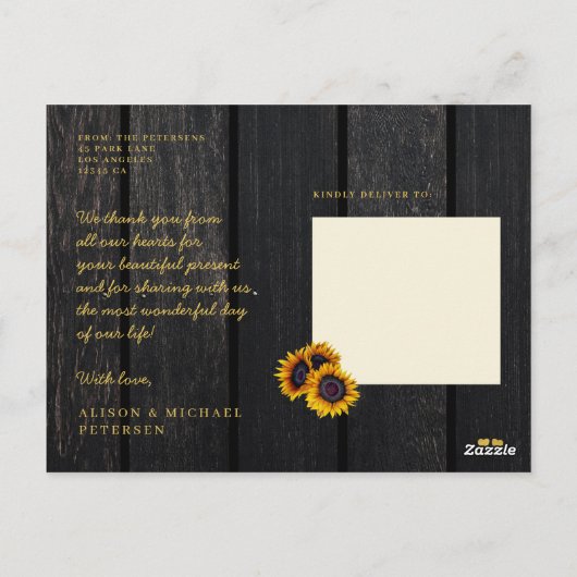 Liefde en bedankt rustieke zonnebloem bruiloft dan briefkaart (Achterkant)