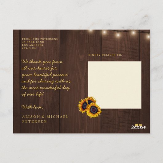 Liefde en bedankt rustieke zonnebloem bruiloft dan briefkaart (Achterkant)