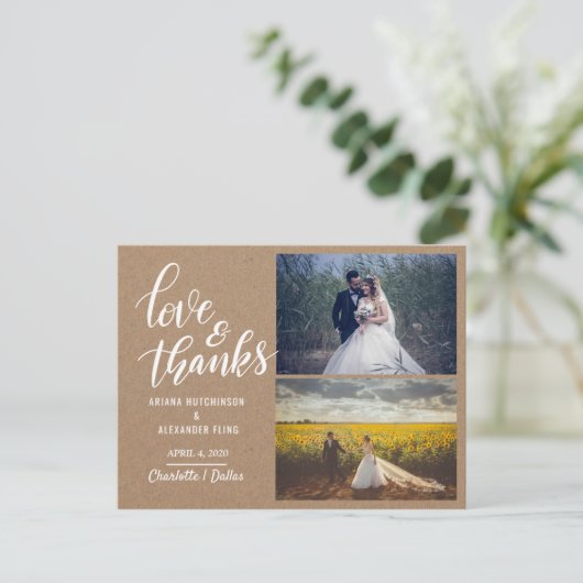 Liefde en Bedankt Script Kraft Papier Trouwfoto Briefkaart (Staand voorkant)