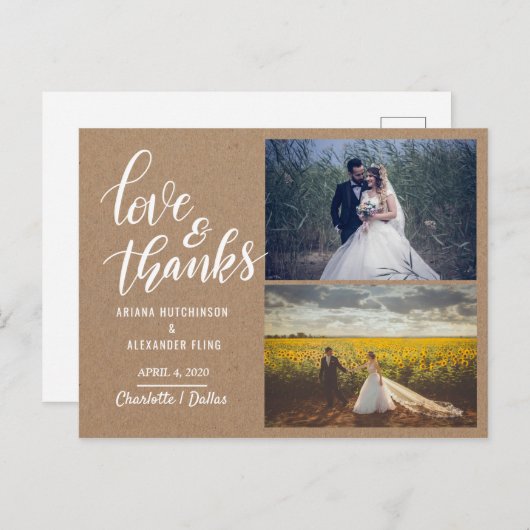 Liefde en Bedankt Script Kraft Papier Trouwfoto Briefkaart (Voorkant / Achterkant)