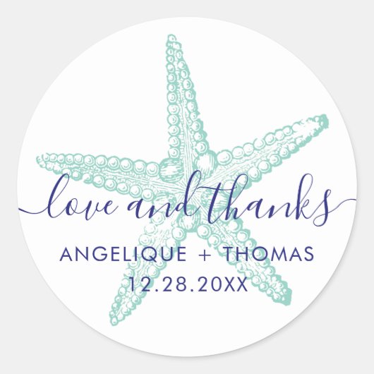 Liefde en Bedankt Starfish Beach Wedding Favor Ronde Sticker (Voorkant)