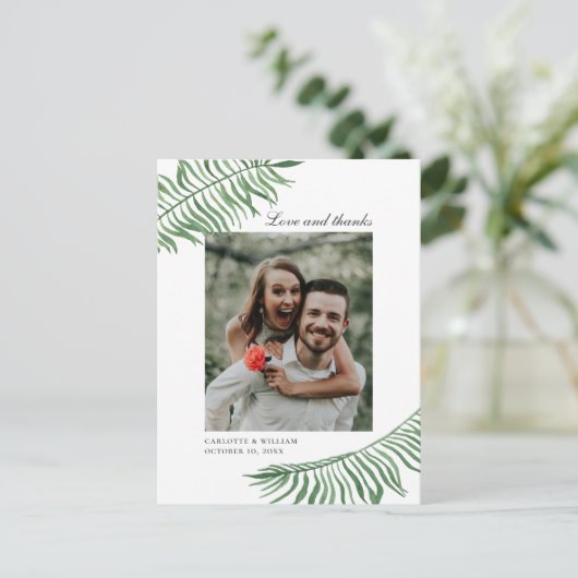 Liefde en bedankt. Tropische bladeren bruiloft dan Briefkaart (Staand voorkant)