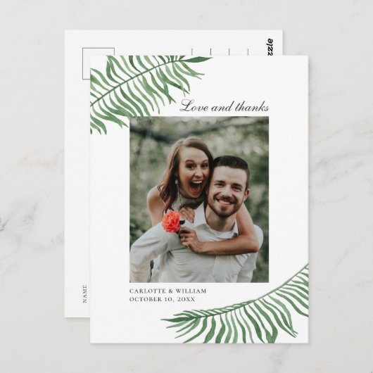 Liefde en bedankt. Tropische bladeren bruiloft dan Briefkaart (Voorkant / Achterkant)