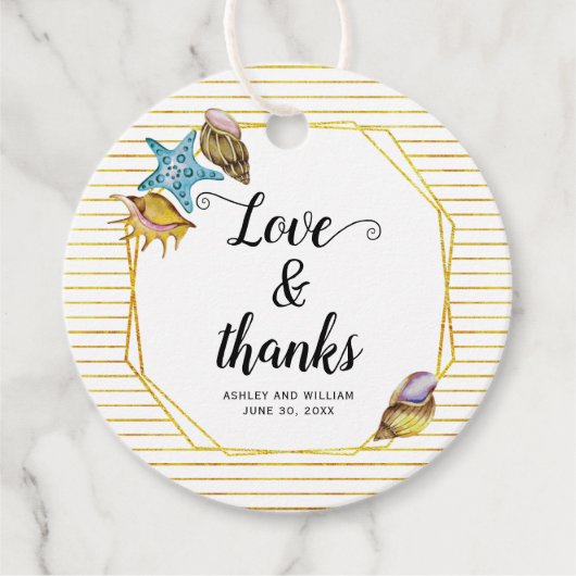 Liefde en bedankt waterverf schelpen strand bruilo bedankjes labels (Voorkant)