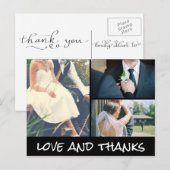 Liefde en Bedankt Wit Script Drie Trouwfoto Briefkaart (Voorkant / Achterkant)