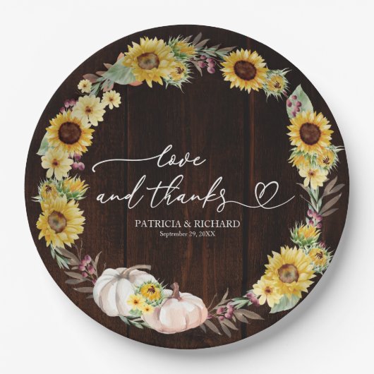 Liefde en Bedankt Zonnebloem Pompoen bruiloft Papieren Bordje (Voorkant)