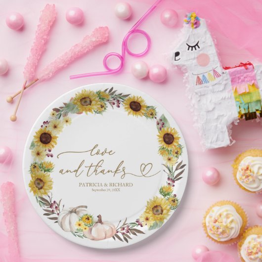 Liefde en Bedankt Zonnebloem Pompoen bruiloft Papieren Bordje (Feest)