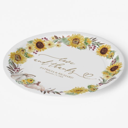 Liefde en Bedankt Zonnebloem Pompoen bruiloft Papieren Bordje (Gekanteld)