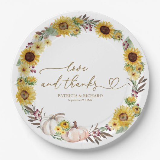 Liefde en Bedankt Zonnebloem Pompoen bruiloft Papieren Bordje (Voorkant)