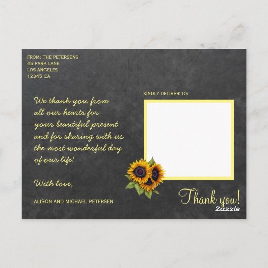 Liefde en bedankt zonnebloemen bruiloft dank u briefkaart (Achterkant)