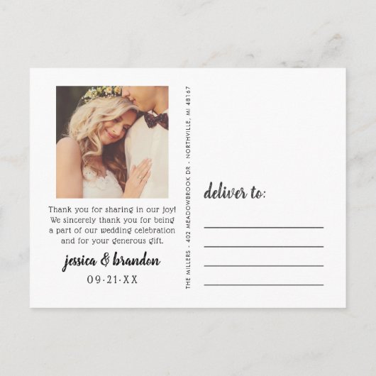 Liefde en Bedankt Zwart Rustiek Script Bruiloft Fo Briefkaart (Achterkant)