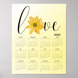 Liefde en Bloemen Geel 2025 Muur Kalender Poster