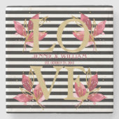 LIEFDE en Bloemen op Zwarte Strepen Trouwdatum Stenen Onderzetter (Voorkant)