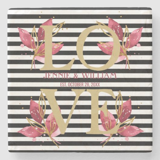 LIEFDE en Bloemen op Zwarte Strepen Trouwdatum Stenen Onderzetter (Voorkant)