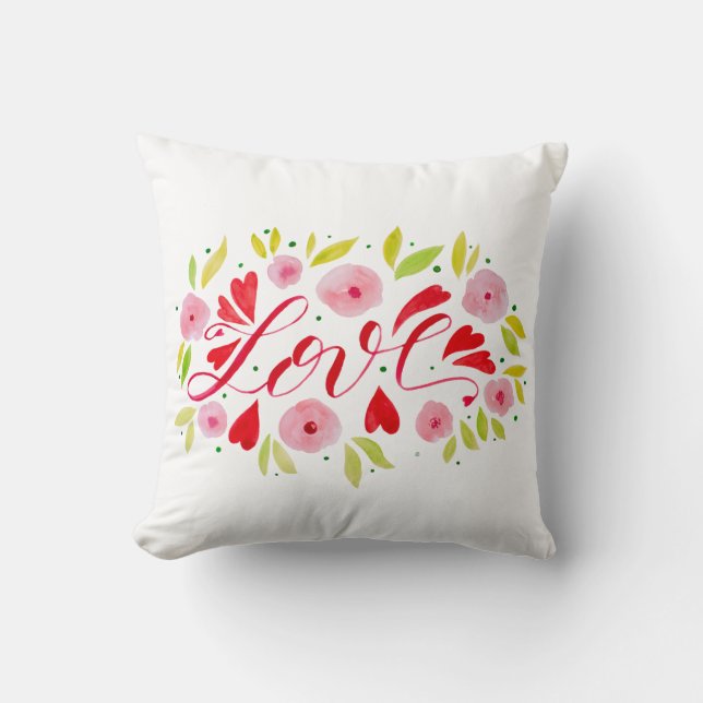 Liefde en bloemen - roze en rood kussen (Voorkant)