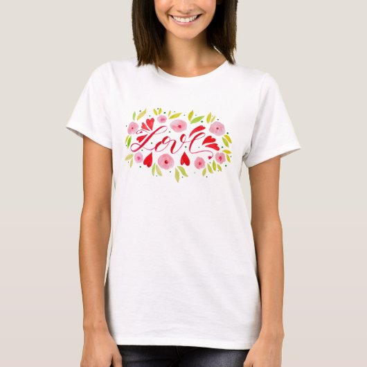 Liefde en bloemen - roze en rood t-shirt (Voorkant)