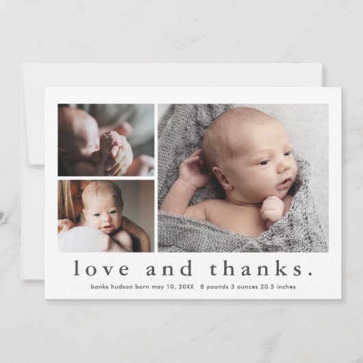 Liefde en Dank 3 Foto Baby Dankkaart Kaart (Voorkant)