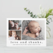 Liefde en Dank 3 Foto Baby Dankkaart Kaart (Staand voorkant)