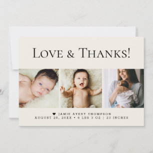 Liefde en dank 3 foto's Baby Beige Geboorte Bedankkaart