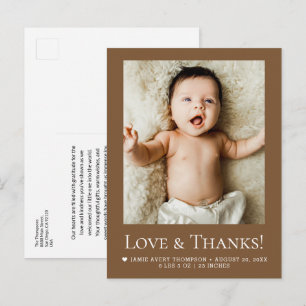 Liefde en Dank Baby Foto Aardetonen Geboorte Stats Briefkaart