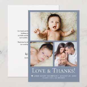 Liefde en Dank Baby Foto Blauwe Geboorteaankondigi Bedankkaart