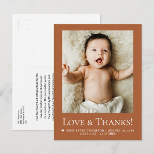 Liefde en Dank Baby Foto Geboorte terracotta Briefkaart