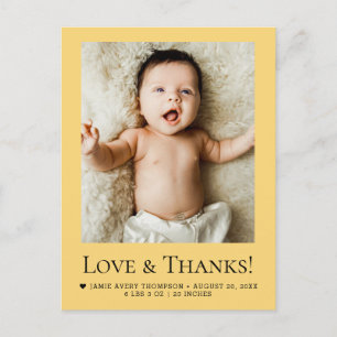 Liefde en Dank Baby Foto geel oranje Geboorte Briefkaart