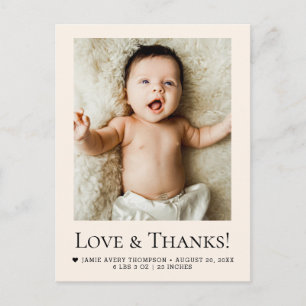 Liefde en Dank Beige Baby Foto Geboorte Briefkaart