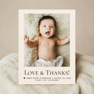 Liefde en Dank Beige Baby Foto Geboorte Briefkaart