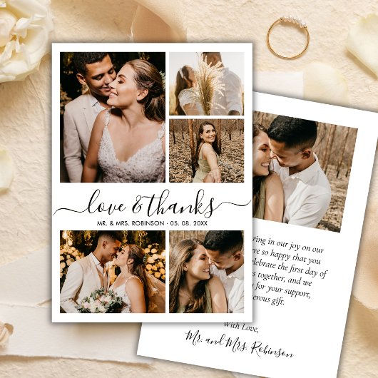 Liefde en Dank Chic Script Foto Collage Trouwen Bedankkaart