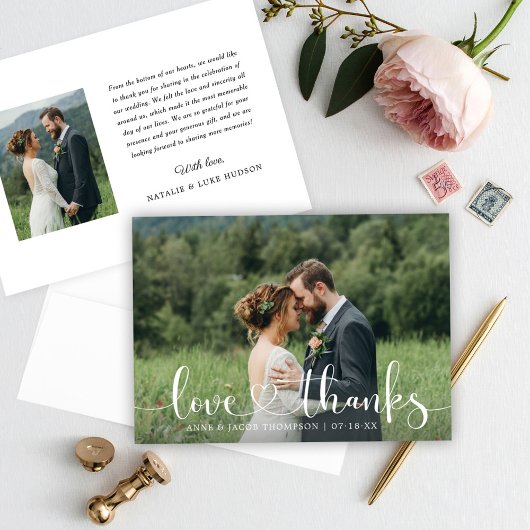 Liefde en Dank Hart Script Trouwfoto Bedankkaart
