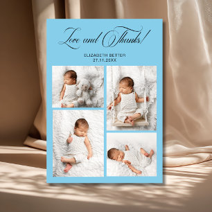 Liefde en Dank Hemelsblauw 4 Babyfoto's Bedankkaart
