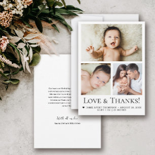 Liefde en Dank Moderne drie foto's baby Bedankkaart