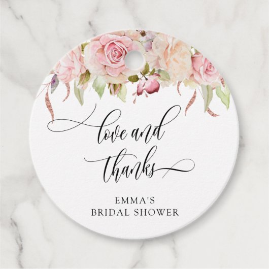 Liefde en Dank, Roze en Roze Gouden Bloemen Bedankjes Labels (Voorkant)