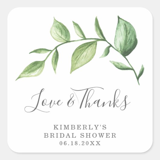Liefde en Dank Rustieke Groene Bruidsdouche Vierkante Sticker (Voorkant)